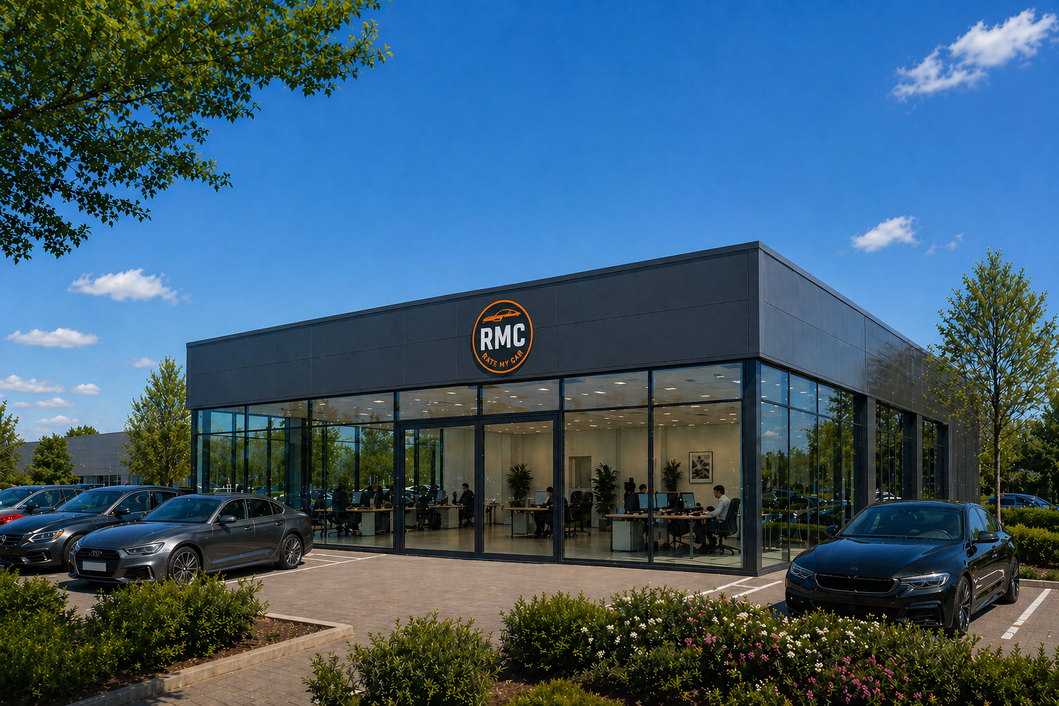 Professional automotive showroom with cars in the background