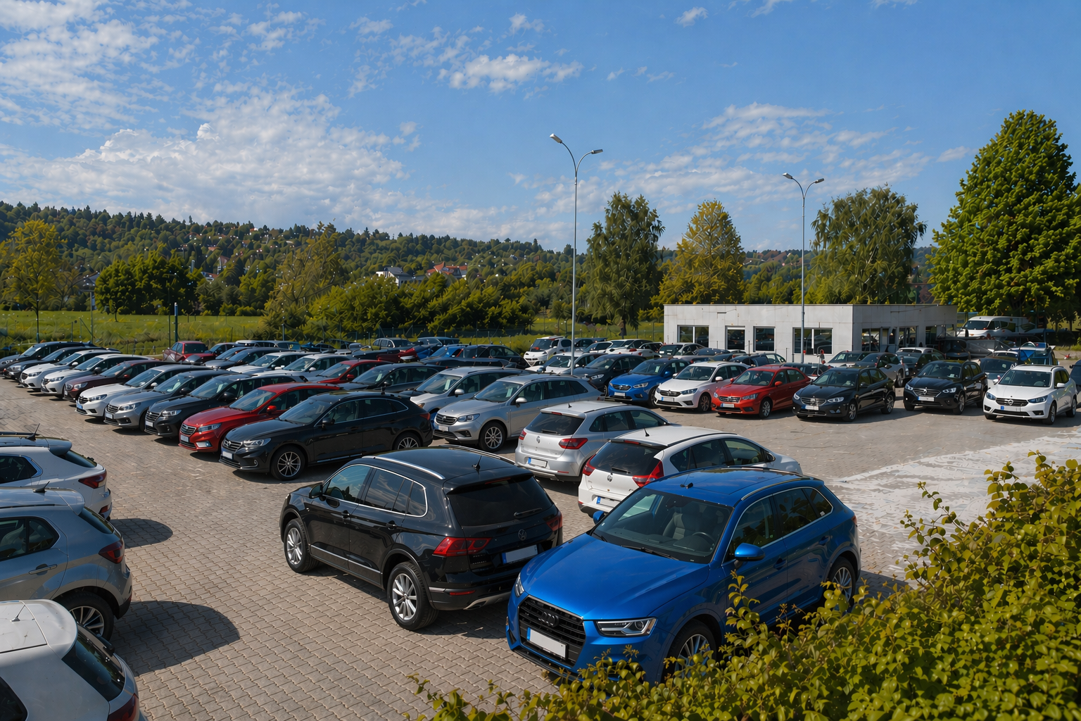 Aerial view of a large parking lot with hundreds of new cars